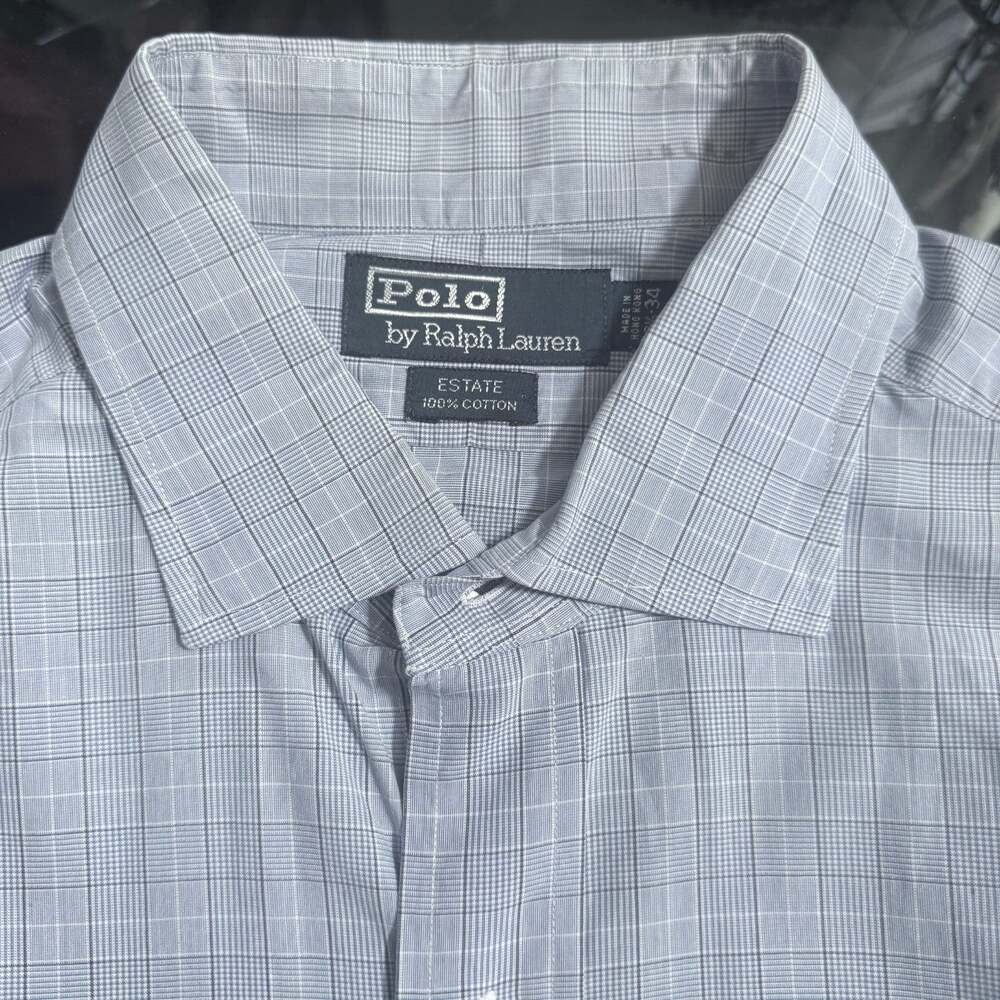 Polo Ralph Lauren Estate Dress Shirt Mens 15.5 34 Blue Gray Plaid Cotton